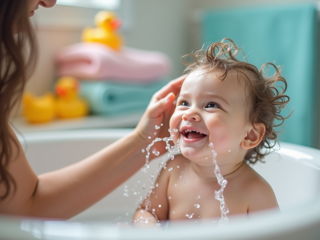 Улыбающийся малыш купается, вода брызжет, мать гладит его по голове. На заднем плане игрушечные уточки.